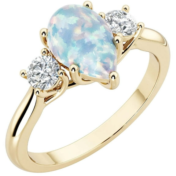 PEORA 14K Yellow Gold Pear Shape Created White Opal and Lab Grown Diamond 3 Stone Trellis Ring, 1.50 Carats total, Size 9.5