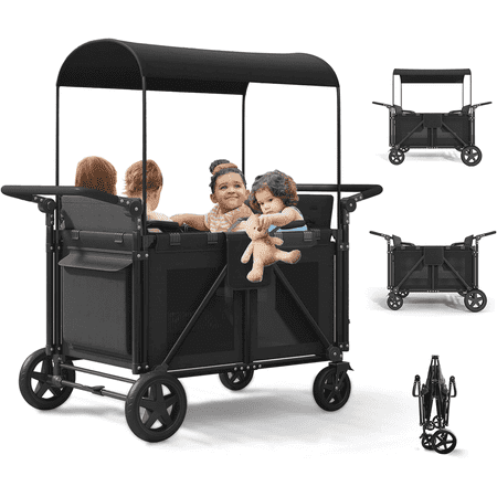 TABU Stroller Wagon for 4 Kids,4 Seater Stroller Wagon with Adjustable Handles,5-Point Harnesses,Black
