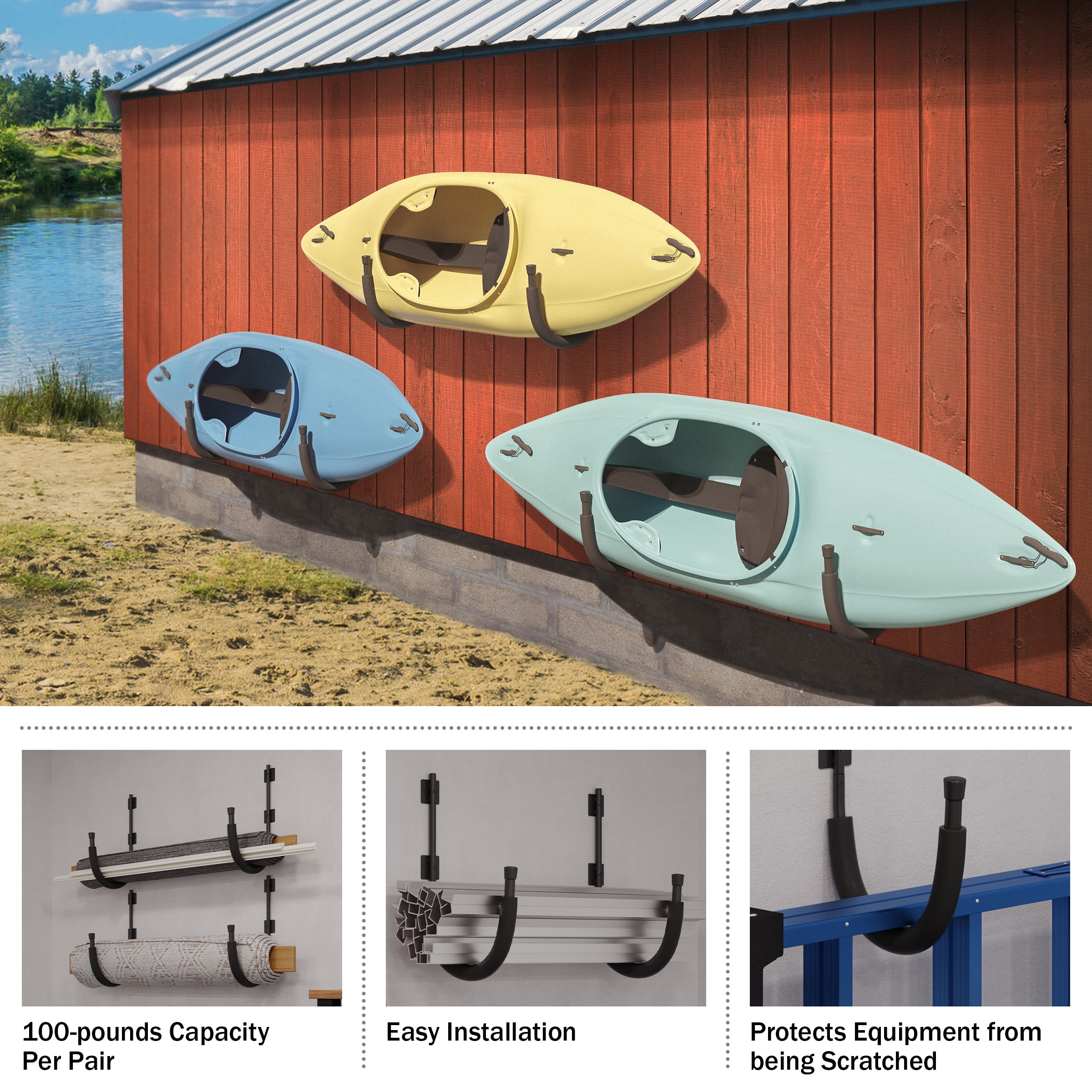 Kayak Storage – Kayak Wall Mount Hangers with 100lb Capacity for