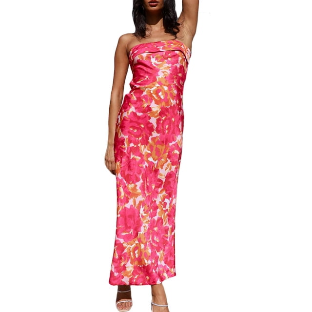 Vestido largo Realtix con estampado de satén de verano sin espalda para mujer