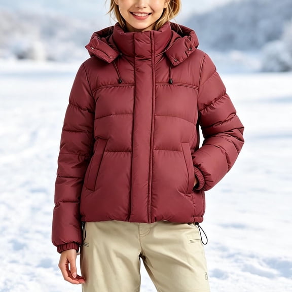 Girls Winter Puffer Jacket Detachable Hood Jacket Solid Color Short Zip Warm Coat Windproof Padded Outerwear for Girls with Pockets