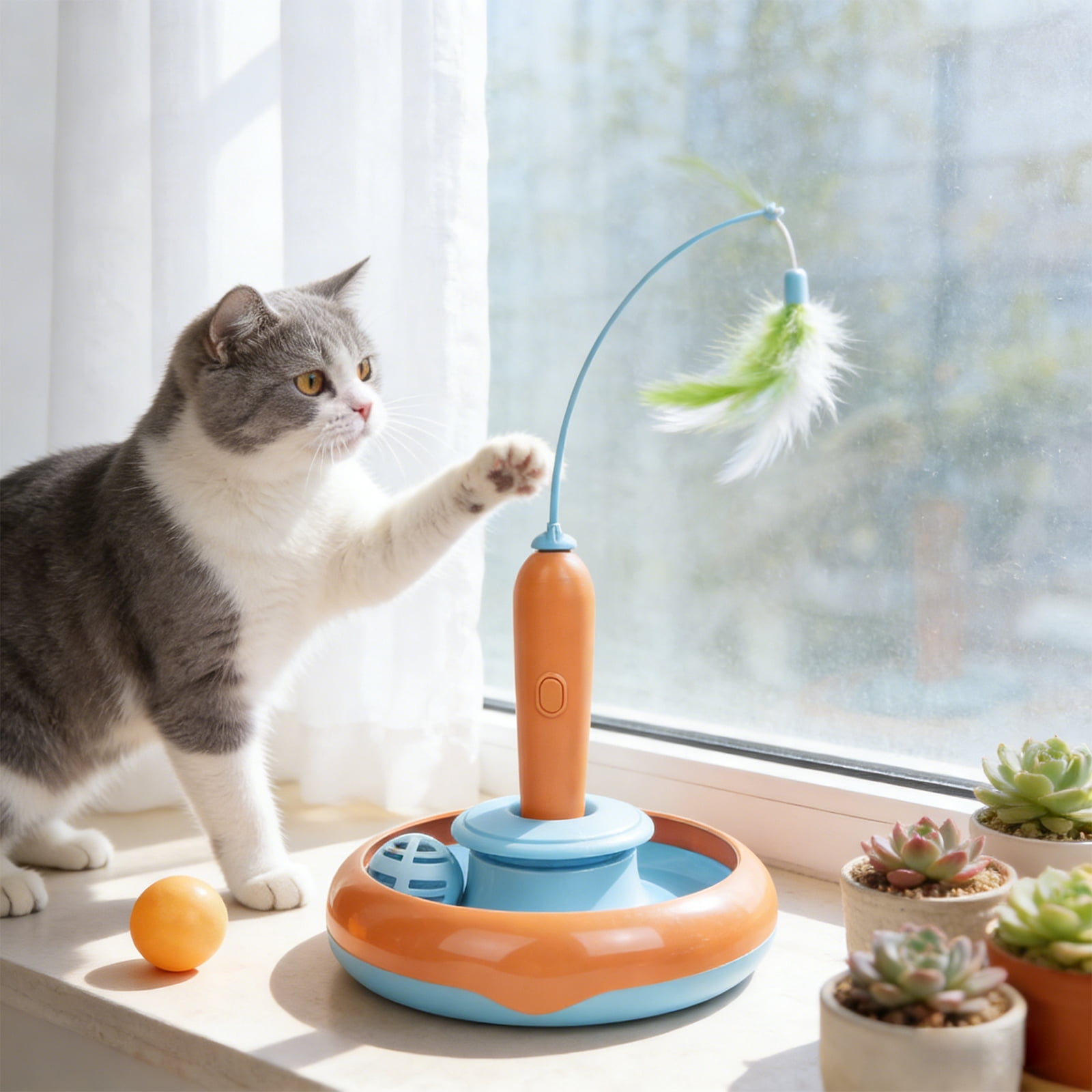 Electric Rotating Cat Turntable Toy with Feather Teaser Wand, Automatic Fishing Rod and Spinning Ball for Self-Play, Interactive Pet Playboard
