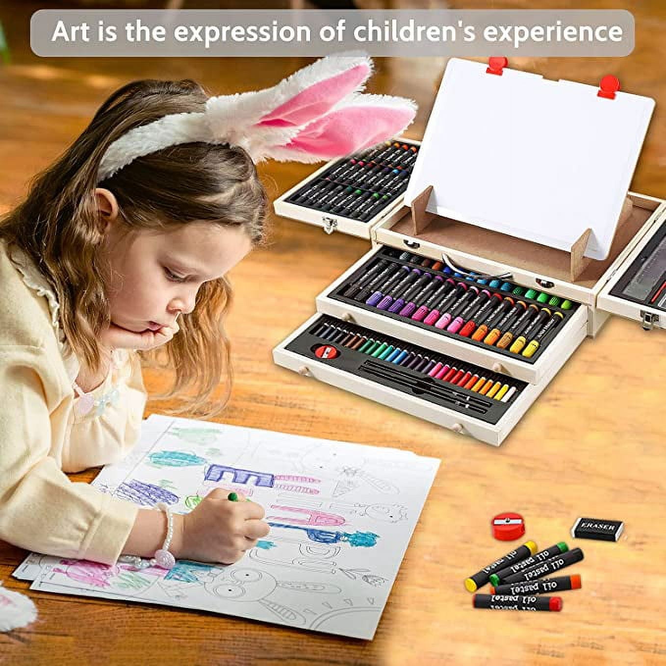 137 PCS Art Supplies, Wooden Art Set Crafts Kit with Drawing Easel, Colored Pencils, Watercolor Cakes, Creative Gift for Kids