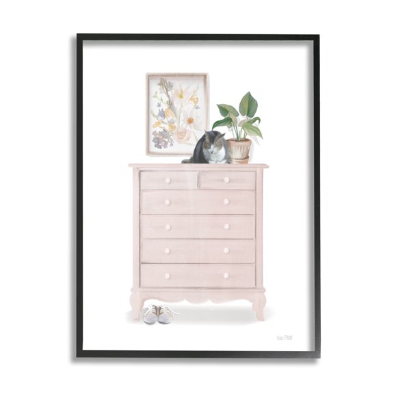 House Fenway Chic Wardrobe Still Life Pet Cat Resting Plants 11" x 14" Framed Painting Art Prints by Stupell Home Décor