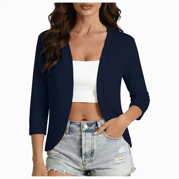 COMVALUE Women's 3/4 Sleeve Open Front Cardigan V-Neck Knit Cropped Bolero Shrug Sweater for Women Dark Blue L