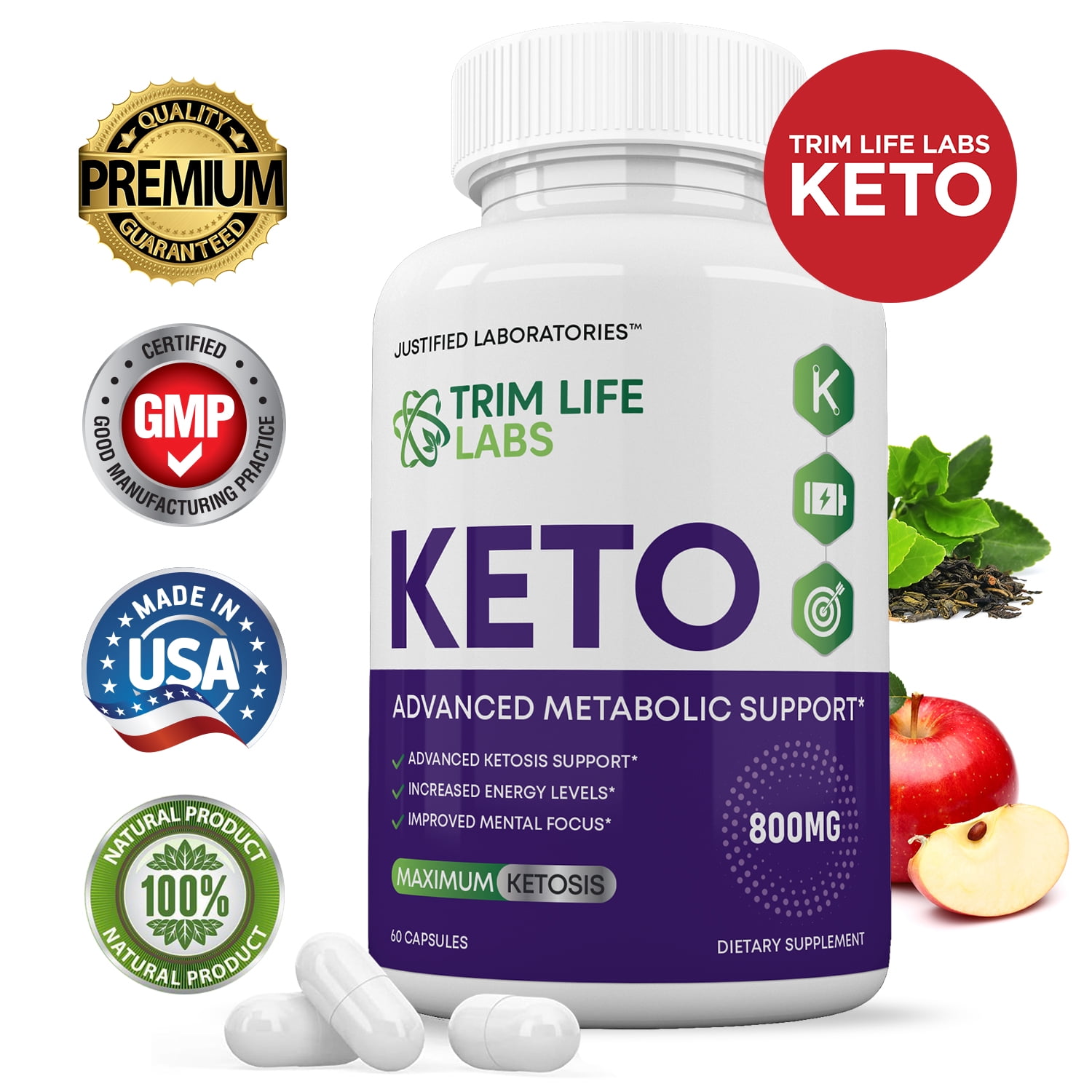 Trim Life Labs Keto Pills Includes Apple Cider Vinegar Panted goBHB® Exogenous Ketones Advanced Ketogenic Supplement Ketosis Support for Men Women 60 Capsules