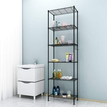 Wine Rack Hook Wire Shelving Rack 6-Tier Wire Shelving Storage Organizer Rack Adjustable Height w/ Side Hooks ()