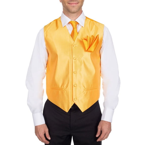 Men's Solid Fomal Vest, Tie, & Hanky Gold for Tuxedo and Suit