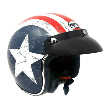 Motorcycle 3/4 Shell - Motorcycle Cruiser 3/4 Shell Open Face Helmet Snap-On Visor – Stars and Stripes American Patriot (Small)