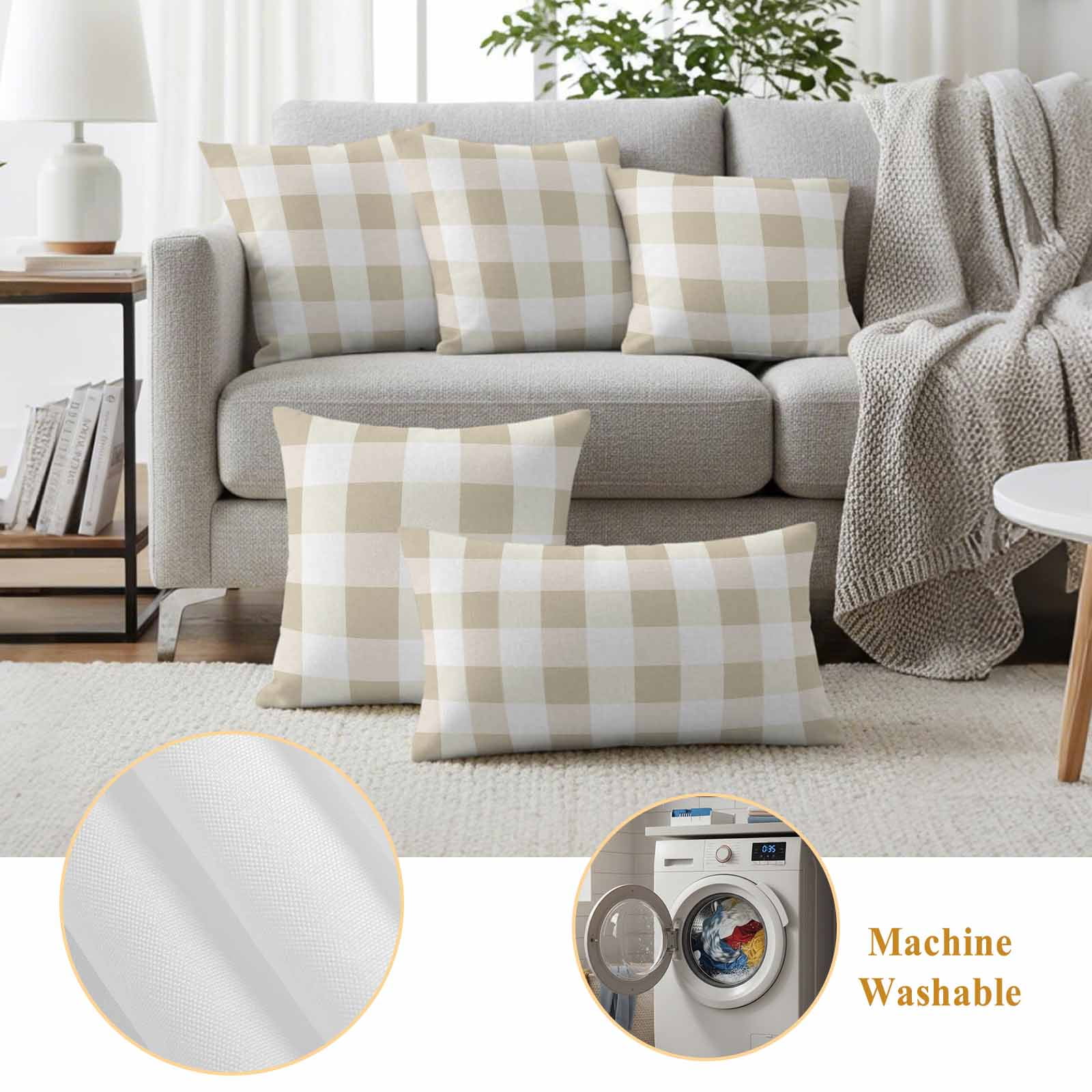 Pack of 2 Outdoor Pillow Covers,Waterproof Beige Plaid Throw Pillow Covers,Spring Summer Farmhouse Buffalo Checkered Decorative Pillowcases Cushion Covers for Couch Pillow Sham Protector 26x26 Inch