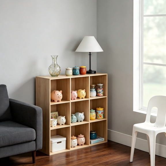 9-Cube Storage Organizer, 11in Shelf Opening, Bookcase, Display Shelf, Customizable with 3 Removable Back Panels - Light Oak