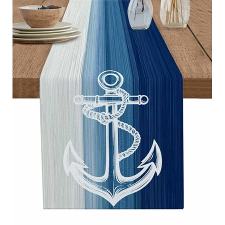 

Table Runner 13x72 Inch White Anchor Blue Ocean Nautical Gradient Table Runners Dresser Scarves Holiday Kitchen Dining Table Decoration for Home Party Indoor