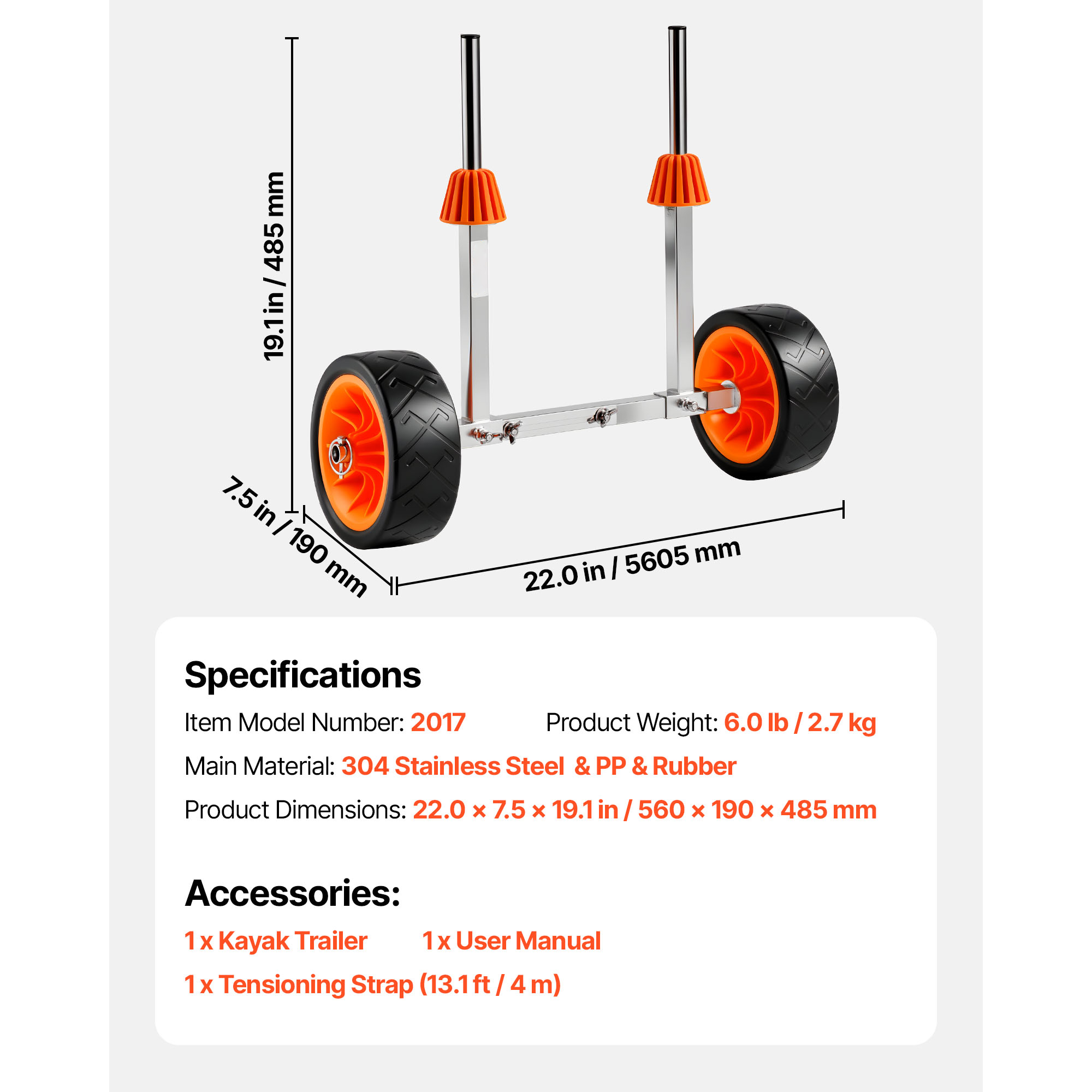 KFFKFF Kayak Cart with 250 lbs Load Capacity, Canoe Dolly Featuring 7.5-inch Solid Rubber Tires and Kickstand, Quick Assembly and Disassembly, Ideal for Kayaks, Canoes, and Paddleboards