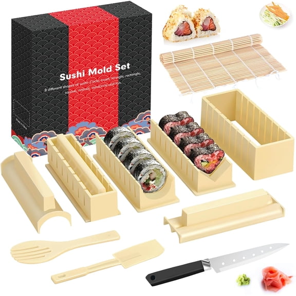 Visualz Sushi Making Kit Deluxe Edition Heart Sushi Mold Press with 8 Sushi Rice Roll Mold Shapes 1 Fork 1 Spatula 1 Sushi Knife, Complete Sushi Maker Kit 12PCS DIY Home Sushi Tool