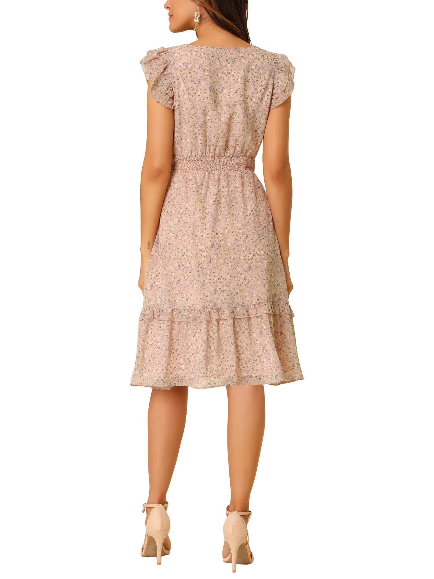 DARING DIVA Floral Flutter Sleeves V Neck Smocked Ruffle Dress L Pink