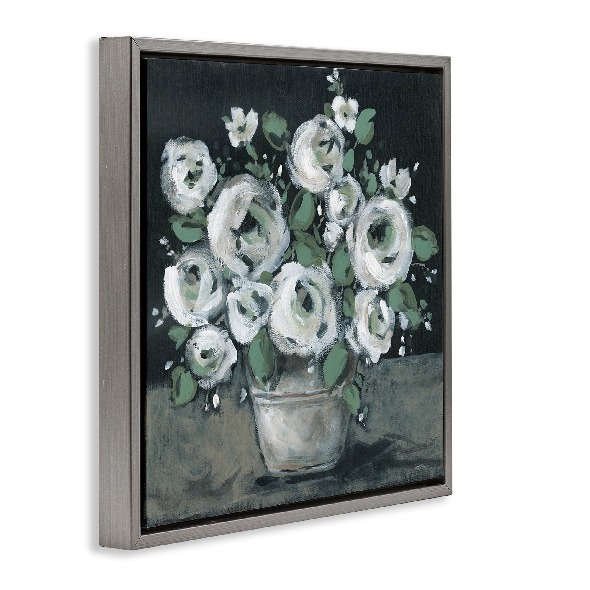 Stupell Industries Muted White Rose Bouquet Plants & Flowers Painting Gray Floater Framed Canvas Art Print Wall Art, 18 x 18