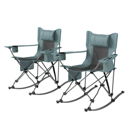 Folding Rocking Camping Chairs 2 Pack, Portable Chair with Headrest, Cooler, Cup Holder, Gray