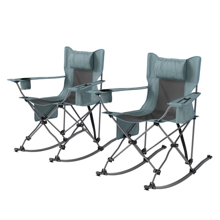 Outsunny 2 Pack Folding Rocking Camping Chairs Gray 600D Oxford Fabric Chairs with Padded Headrest Cooler Bag & Cup Holder for Outdoor Camping Picnic Patio & Hiking