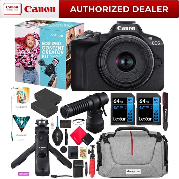 Canon EOS R50 Mirrorless Camera Content Creator Kit   18-45mm IS STM Lens   Microphone   Tripod Grip 5811C059 Bundle with Deco Gear Bag   2 Battery   2 64GB Cards| Official Canon USA Dealer
