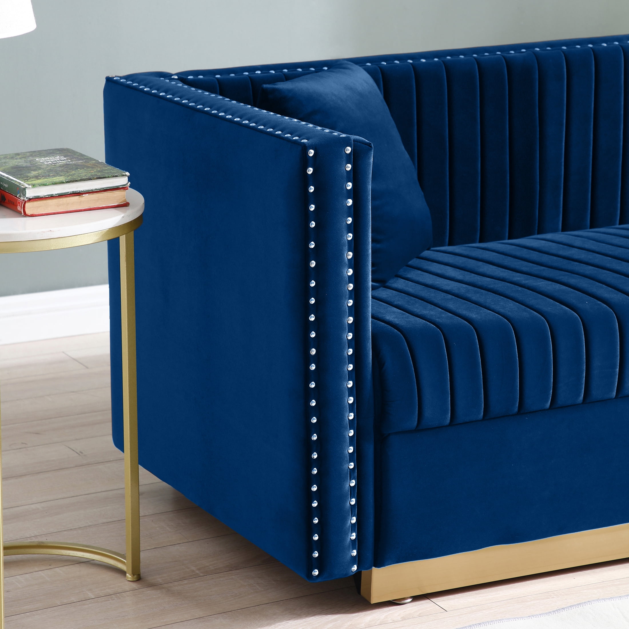 FFH 78" Mid-Century Modern Velvet Sofa with Deep Seat, 3-Seater Comfy Sofa with Nailhead Trimming and 2 Pillows, Upholstered Lounge Couch for Living Room