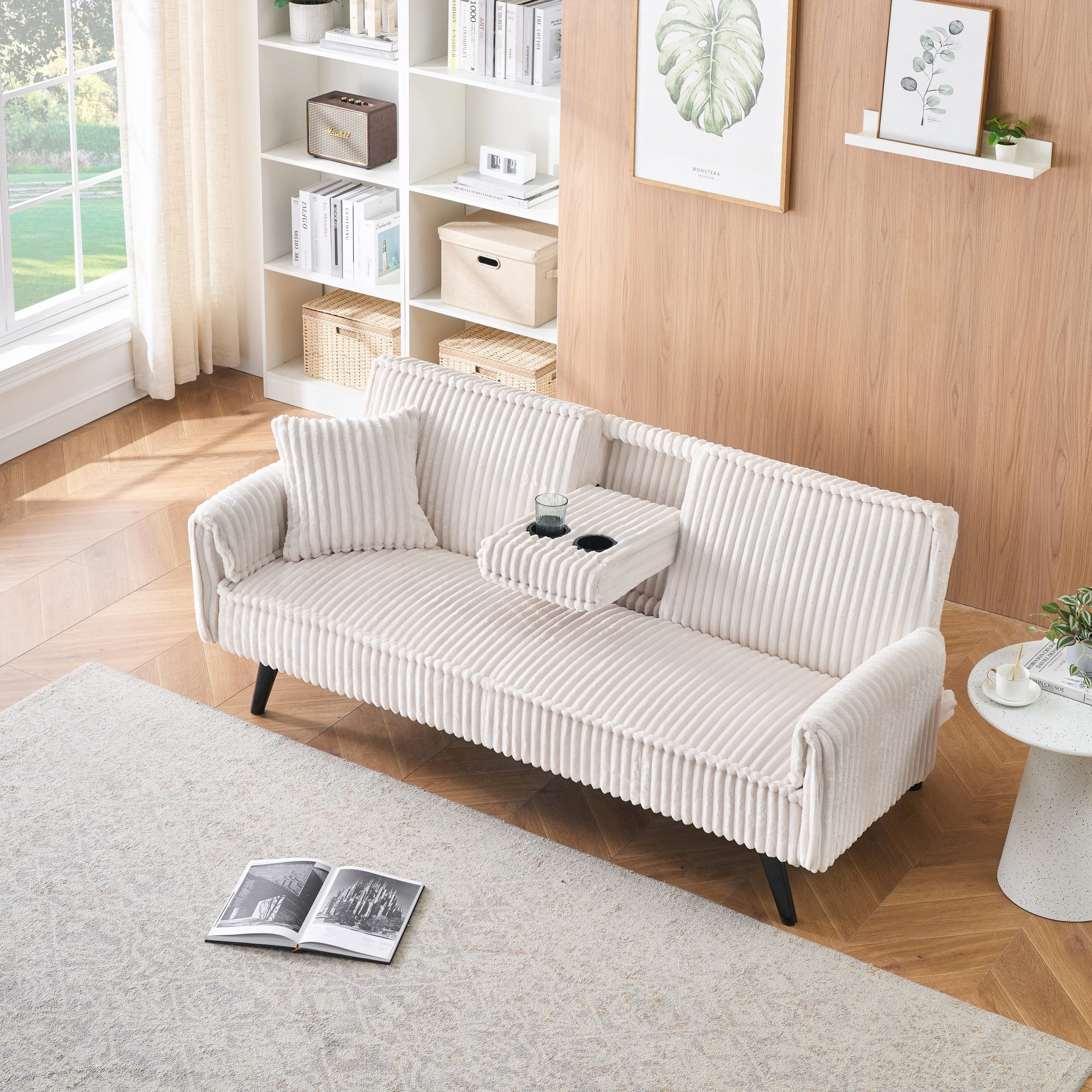 Gewnee 3-Seat Convertible Sleeper Sofa, 72" Corduroy Sofa Bed with Retractable Cup Holders, 3-Position Adjustable Backrest for Living Room Bedroom， White