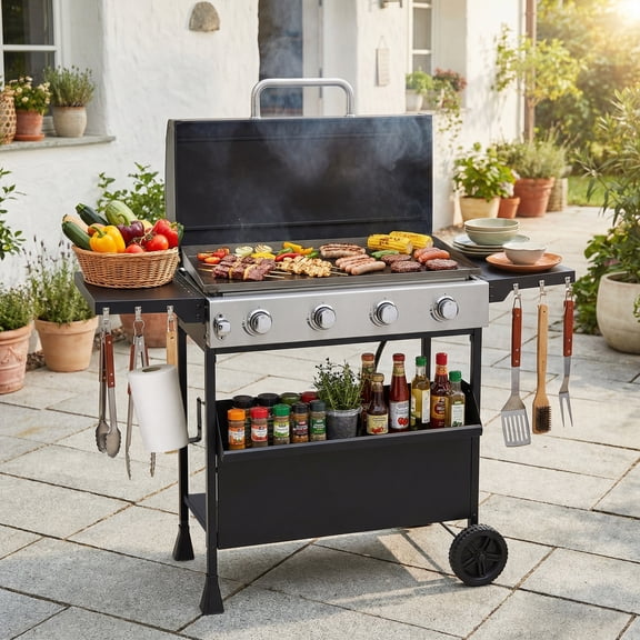 Magic Union 4-Burner Heavy Duty Rolling Flat Top Propane Gas Griddle, Portable Griddle on Cart with Hood & Foldable Side Shelves, 32000 BTU 455 sq.in, for Outdoor Cooking, Camping & Tailgating