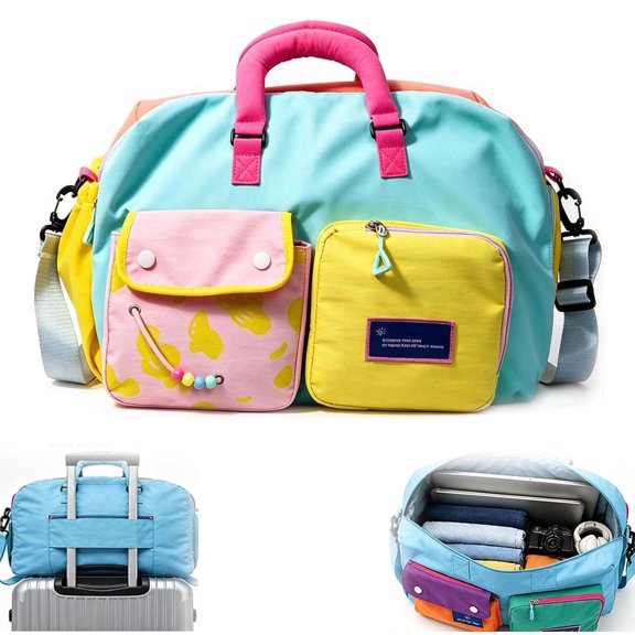 Casual Color Block Overnight Bag - Large Travel Duffle Bag, Water Resistant Overnight Tote for Gym Sports Travel, A