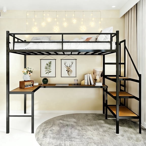 Bellemave Twin Size Loft Bed with L- Shape Desk, Metal Loft Beds with Storage Stairs, Heavy Duty Loft Bed Frame for Adults, Teens（Black)