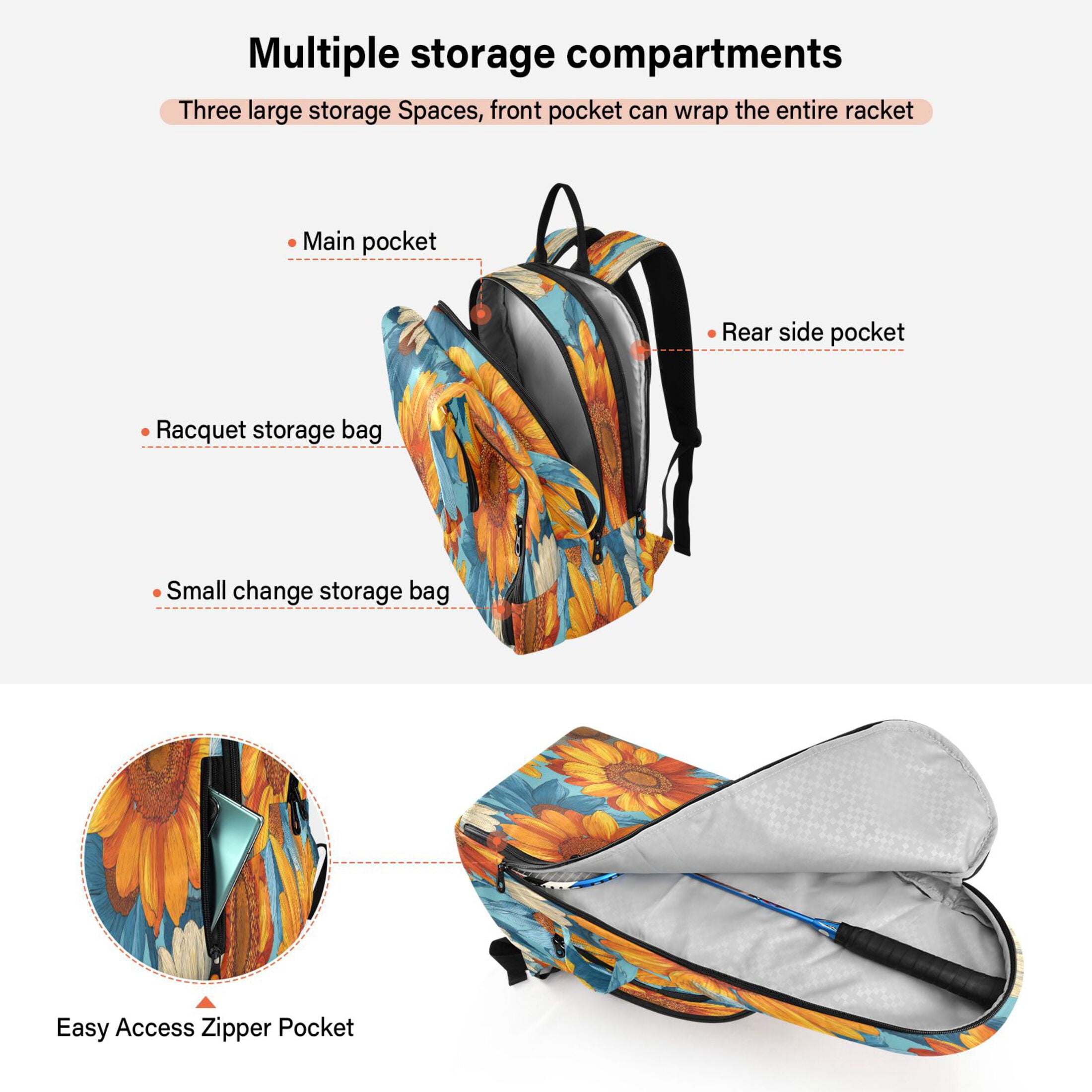 2 Racquet Holder Tennis Backpack Tennis Racket Covers Gym Bags Blue and Yellow Beautiful Sunflowers