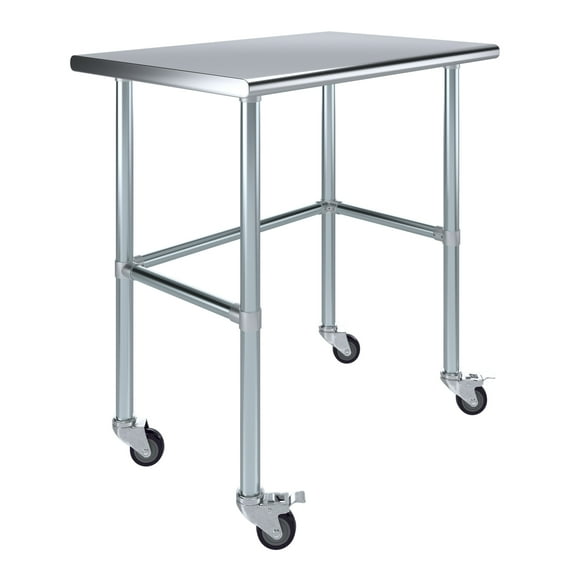 AmGood 36" Long x 24" Deep Stainless-Steel Work Table with Open Base and Wheels, Mobile Metal Table