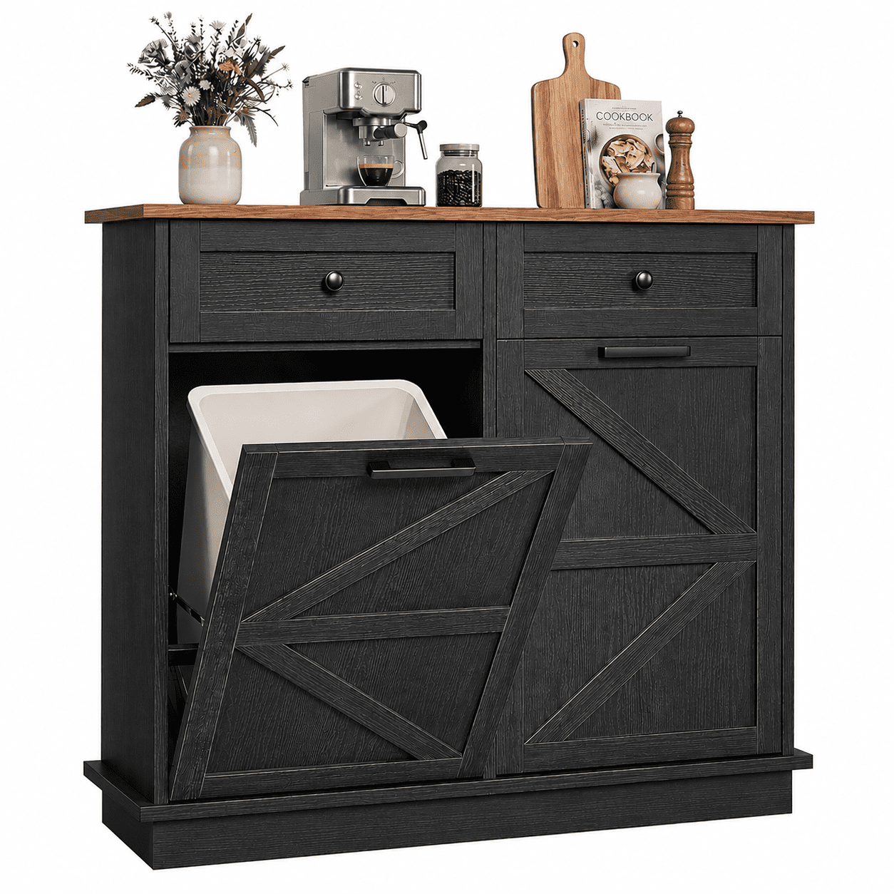 Tilt Out Trash Can Cabinet for Kitchen, Double 10-Gallon Hidden Trash Cabinet with Drawer, Farmhouse Wooden Garbage Cabinet, Dog Proof Trash Can Storage for Kitchen Laundry Living Room Office