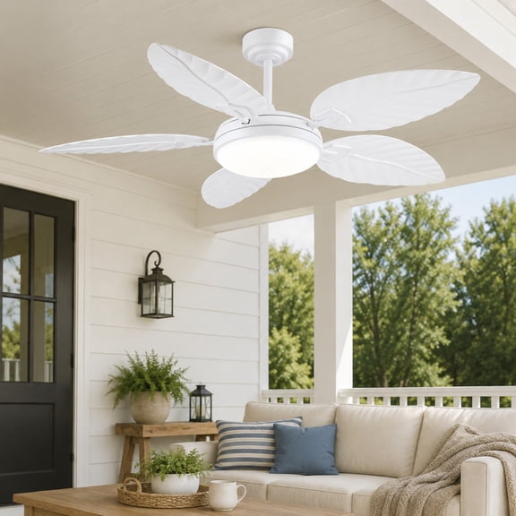 Phorus Modern Ceiling Lights 52in White Tropical Integrated LED Downrod Mount Outdoor Leaf Ceiling Fan with Light Kit
