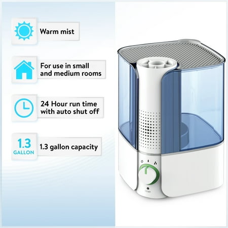Equate Warm Mist Humidifier, Visible, Filter Free, White & Blue, Top Fill, 1.3 Gallon, Big Water Capacity