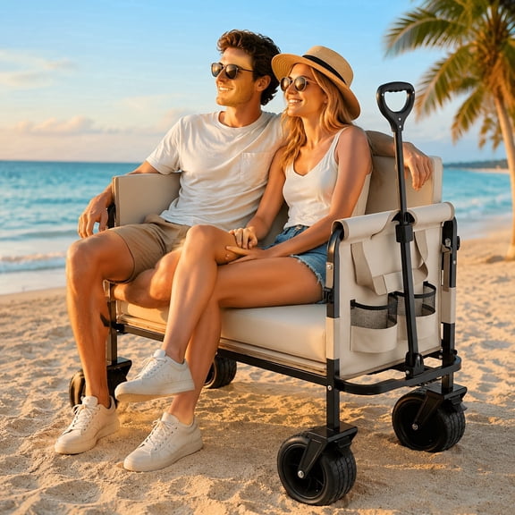 550Lb Heavy-Duty Foldable Utility Wagon Cart, 58.12Gal Large Capacity, Convertible to Bench, All-Terrain Wheels for Camping Beach Gardening