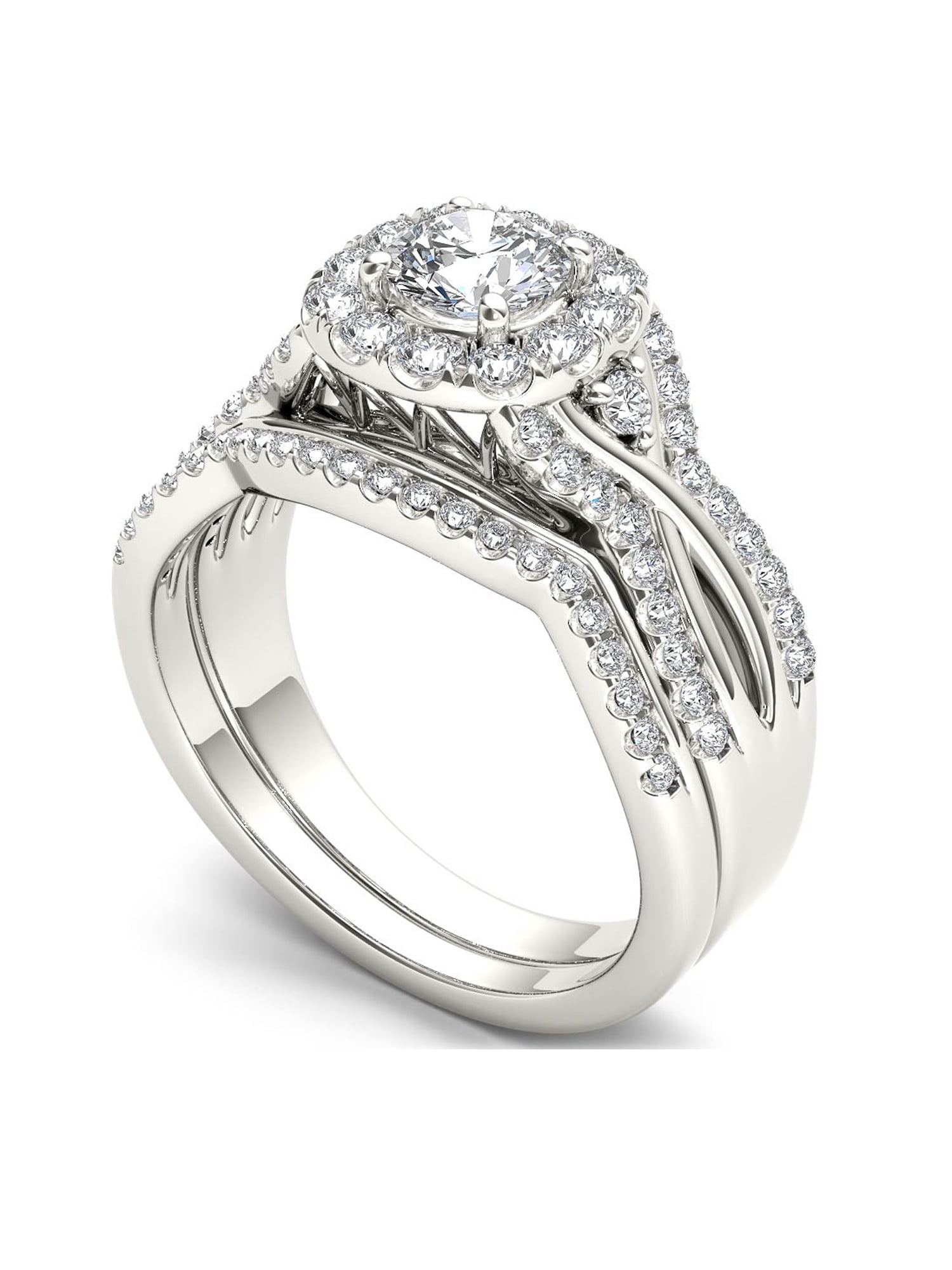 1-1/4 Carat T.W. Diamond Criss-Cross Shank Halo 14kt White Gold Engagement Ring Set