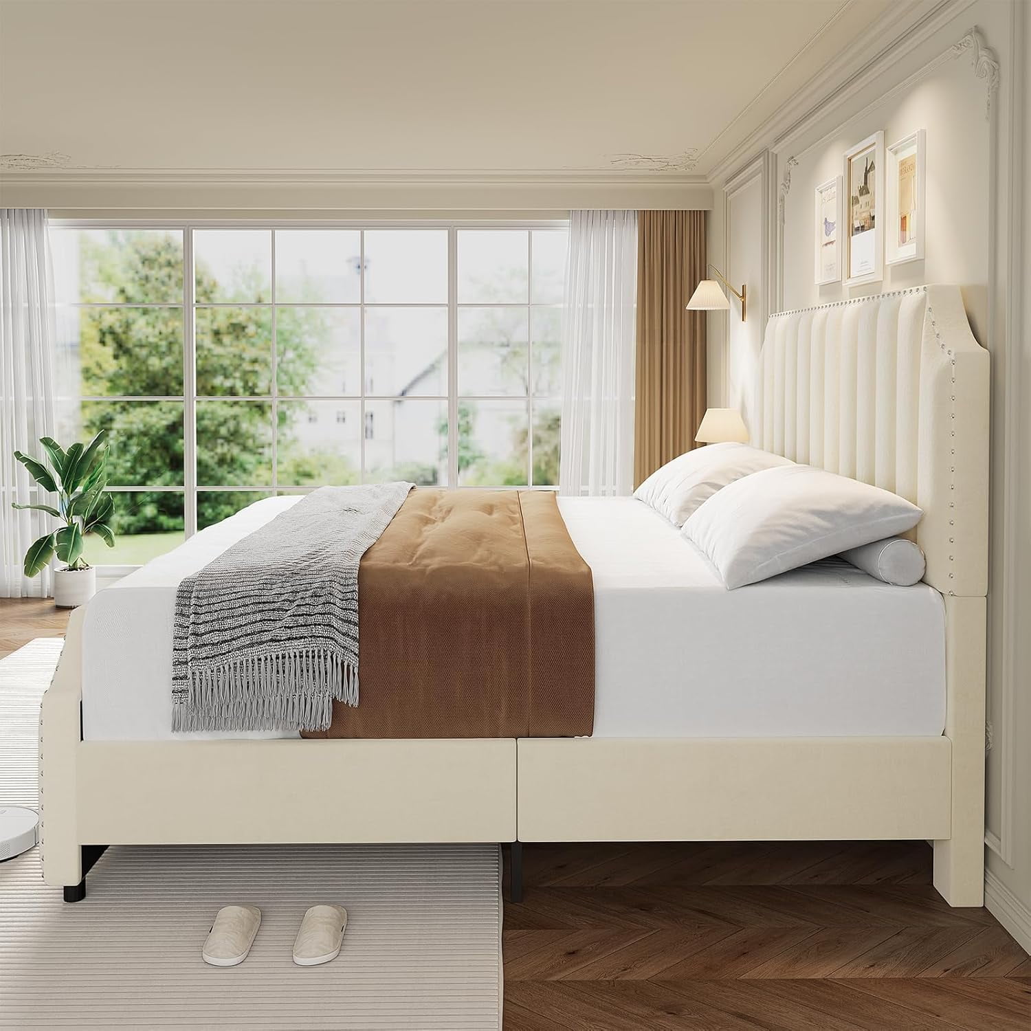 King Size Velvet Bed Frame with 50.2" Tufted Headboard & Footboard, Nailhead Trim, No Box Spring Needed, Noise-Free, Beige