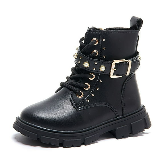 Mepaouo Ankle Boots for Girls Lace up Buckle Combat Boots Winter Classic Walking Outdoor Shoes(Black,36)