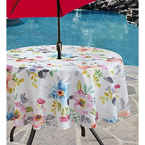 Benson Mills Indoor Outdoor Spillproof, 70 Inch Round Outdoor Tablecloth With Umbrella Hole
