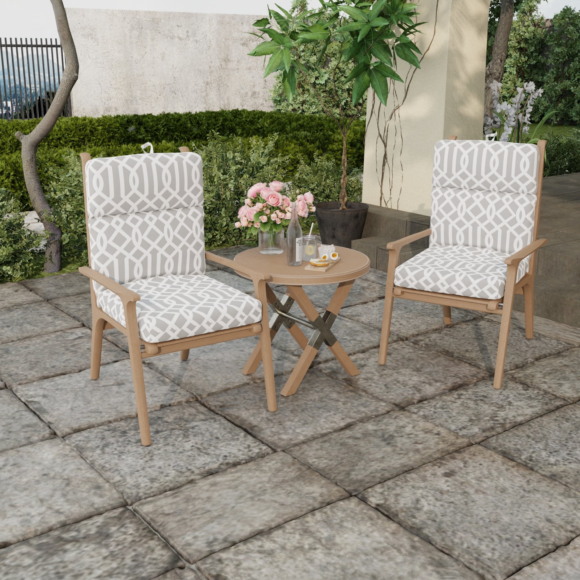Jordan Manufacturing 44" x 22" Chauncey Pumice Gray Geometric Rectangular Outdoor Chair Cushion with Ties and Hanger Loop
