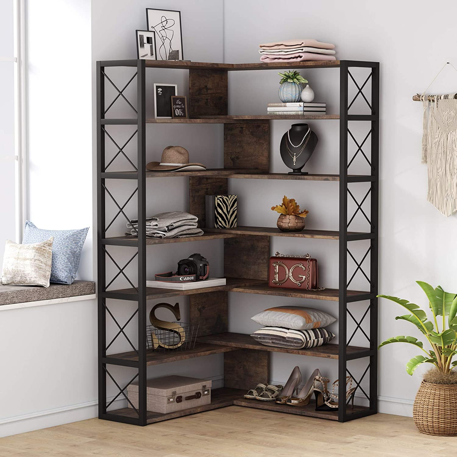 IRCPEN 6 Tier Corner Shelf, Industrial 63.1 Tall Ladder Corner Storage Shelf with Adjustable Feet,Rustic Display Rack Multipurpose Bookshelf