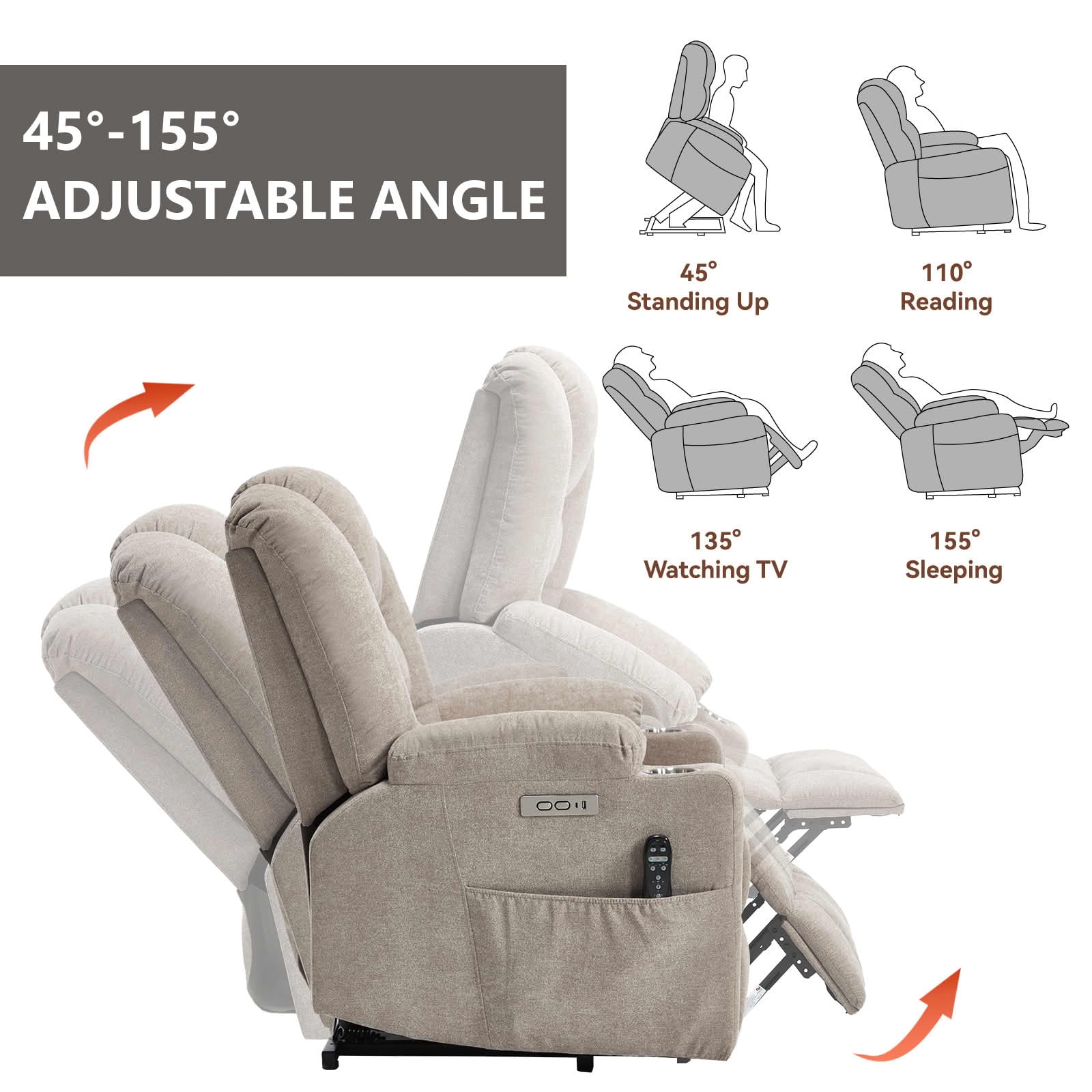 MAYEERTY Khaki Chenille 350lbs Power Lift Recliner, Massage Heat USB-C 34"x39"x42" Wide Overstuffed for Elderly