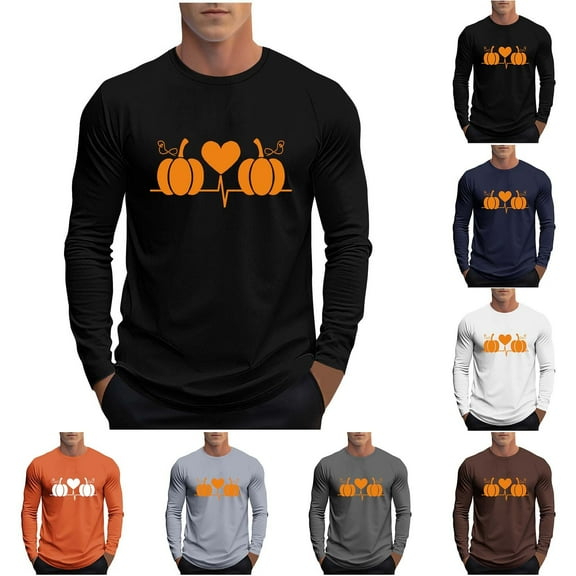 UVEASISHA Halloween Gifts for Men Big and Tall Long Sleeve T-Shirts Novelty Pumpkin Heart Print Graphic Tees Holiday Casual Workout Shirt Black 5XL