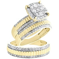 10K Yellow Gold Diamond Trio Set Halo Bridal Ring   Fluted Wedding Band 1.50 CT.