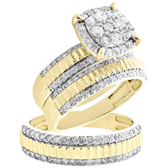 10K Yellow Gold Diamond Trio Set Halo Bridal Ring   Fluted Wedding Band 1.50 CT.