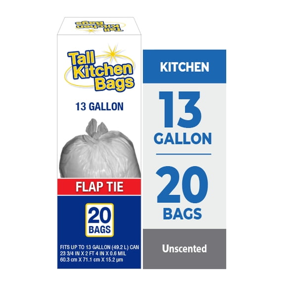 Top Job Basic Kitchen Trash Bags, 13 Gallon, 20 Bags (Flap Tie)