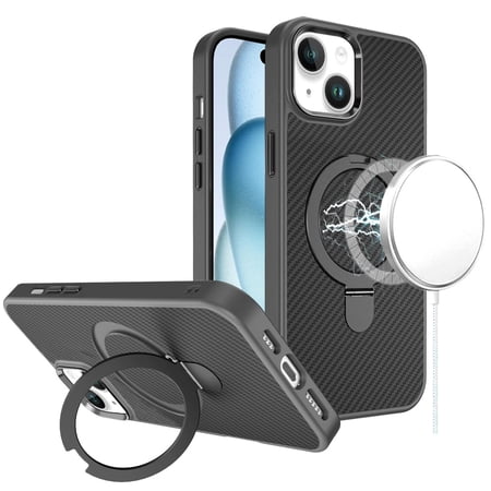 For iPhone 15 Carbon Design [Magnetic Circle] with Ring Stand Hybrid Case - Black
