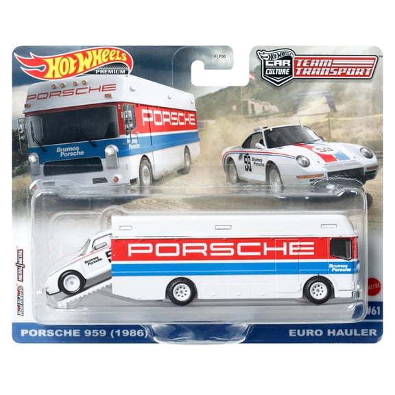 Hot Wheels Team Transport Toy Truck & Race Car, 1986 Porsche 959 & Euro Hauler Collectible Set