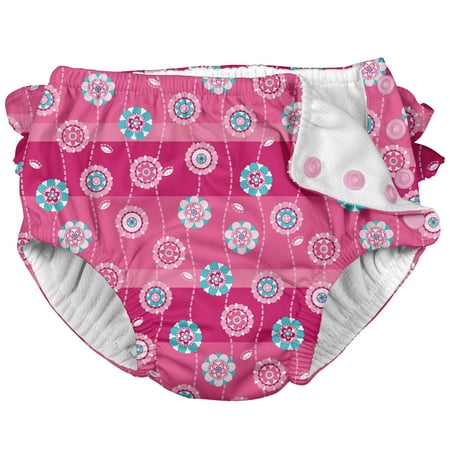 Pink Pinstripe Diaper Set i play Unisex Reusable Absorbent Baby Swim Diapers - Swimming Suit Bottom | No Other Diaper Necessary Hot Pink Stripe Flower 6 Months ()