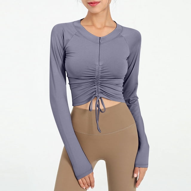 AherBiu Hauts de Yoga à Manches Longues pour Femmes Col Rond Entraînement Randonnée Course Slim Extensible Chemises Courtes Blouses