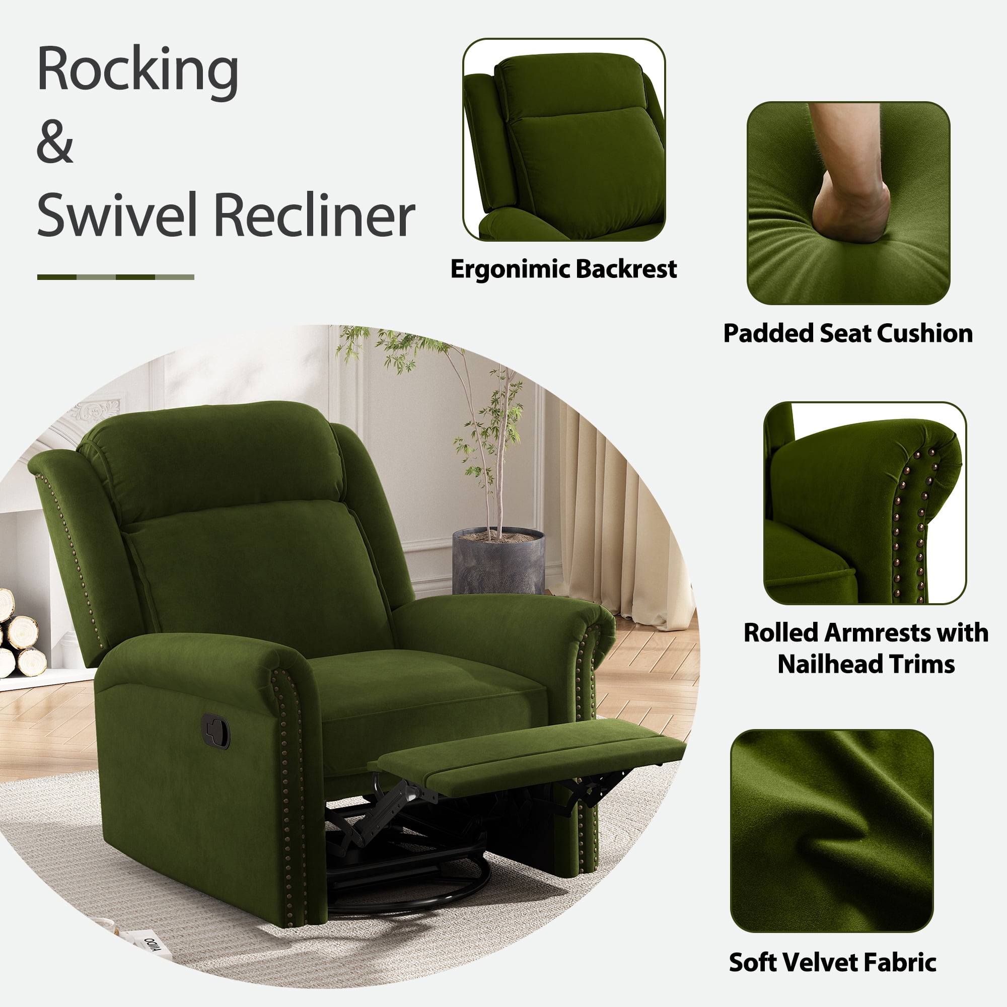 Euroco 360° Swivel Recliner Manual Rocking Recliner Home Theater Manual Recliner Chair Nursery Rocker with Adjustable Backrest for Living Room, Green